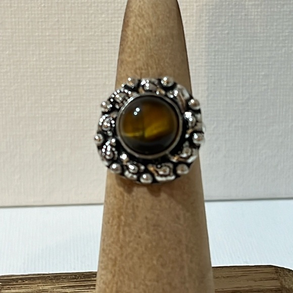 925 SILVER OVERLAY GEMSTONE RING TIGERS EYE SIZE 5.5-5.75 - Picture 1 of 8